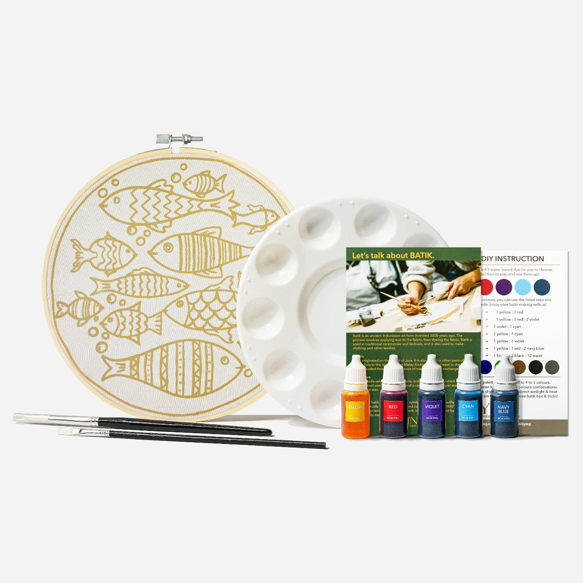 Fishes of the Sea batik craft kit finished fish artwork in wooden ring alongside kit contents