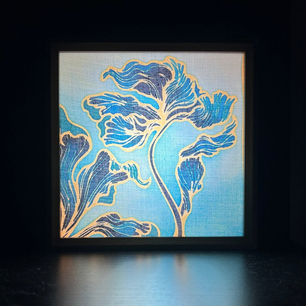 Batik Lamp Kit — Seasons in Colour. Unlit batik cotton panel showing the hand-waxed sweeping botanical leaves and foliage in navy and gold. By Batik Ying.