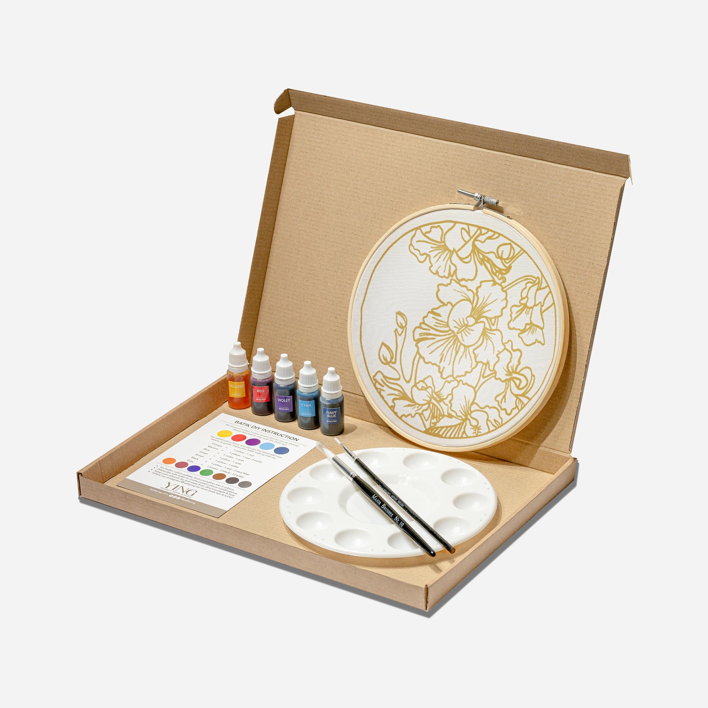 Midnight Orchid batik craft kit full contents including dyes, brushes, mixing tray and wooden ring