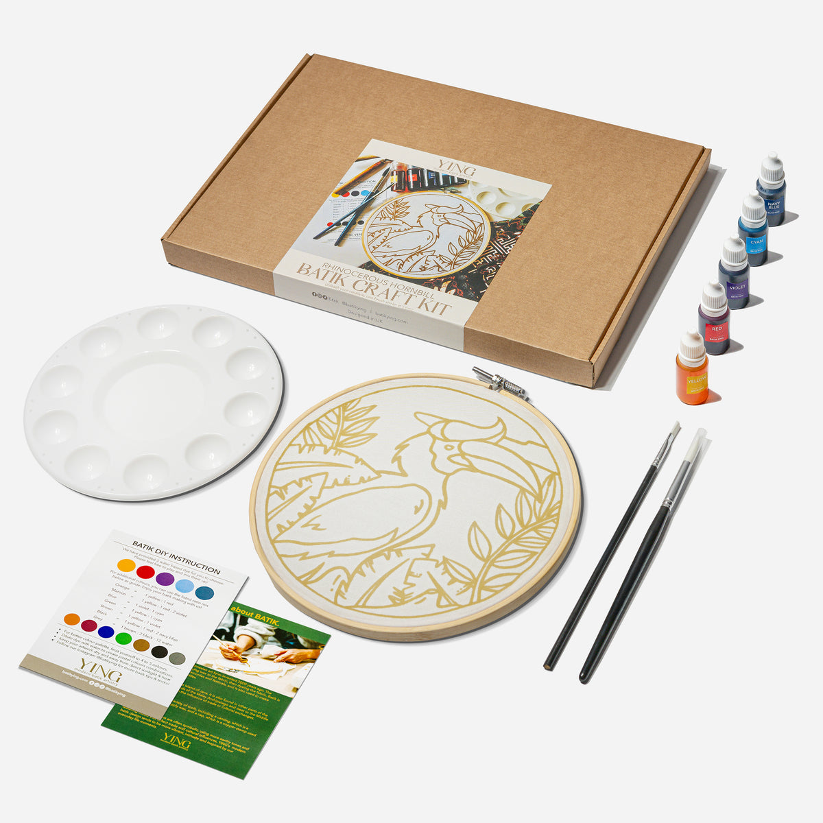 Rhinoceros Hornbill batik craft kit full contents including dyes, brushes, mixing tray and wooden ring