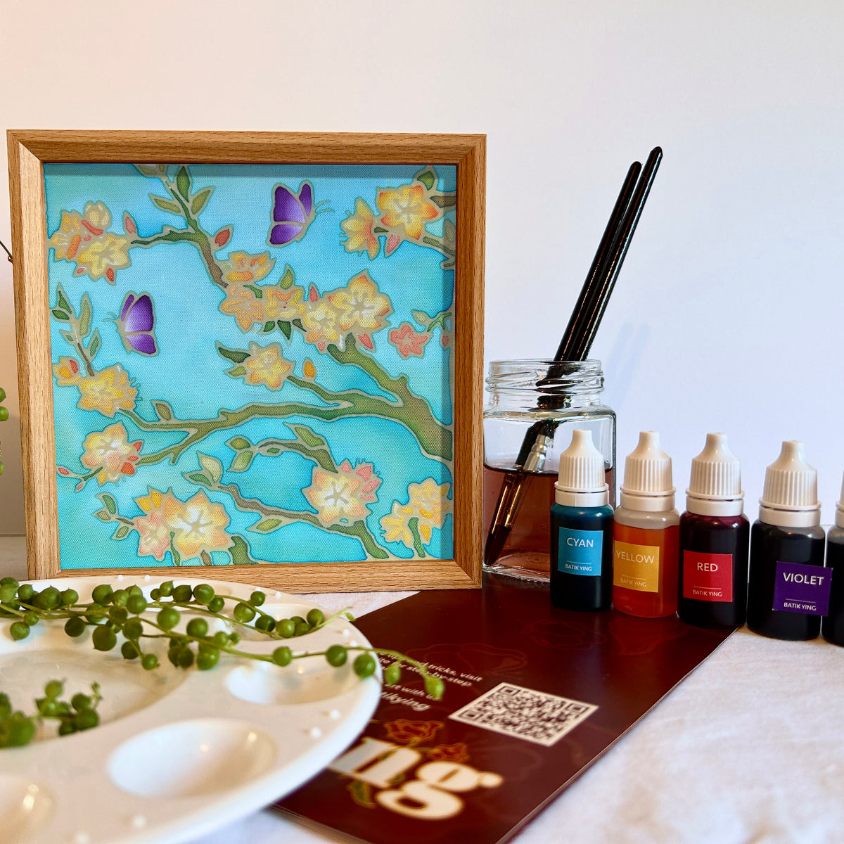 Batik Lamp Kit — Almond Blossom. Hand-waxed batik cotton panel featuring blossom branches and purple beetles on a teal background, inspired by Van Gogh. By Batik Ying.