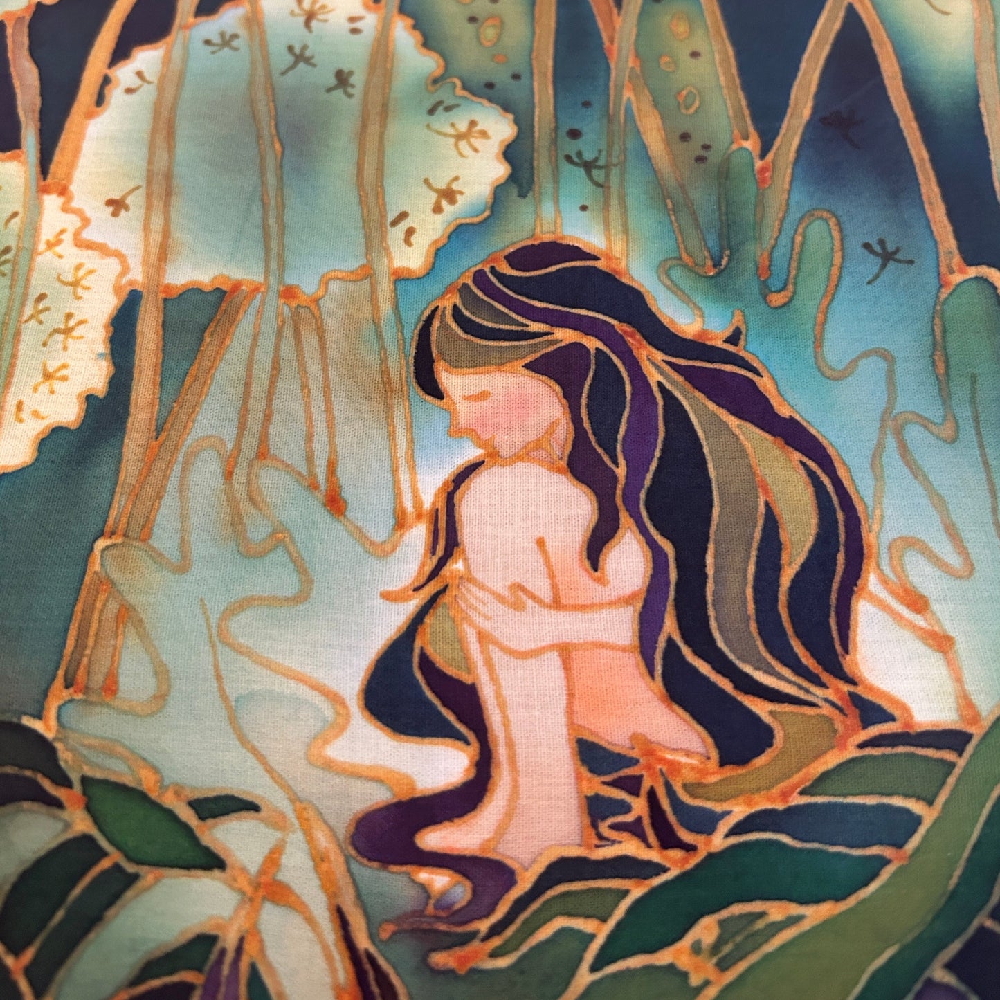 Original Batik Ying contemporary batik art print featuring a seated woman surrounded by foliage in blue and green tones