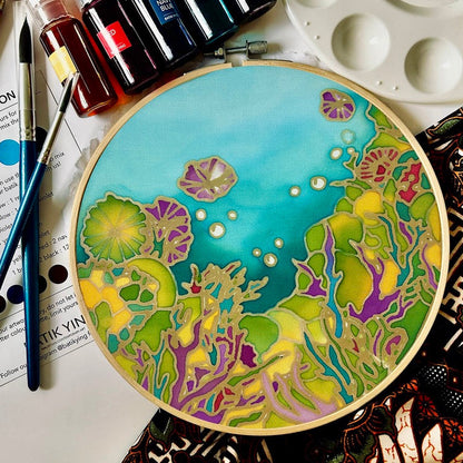 Ocean Hues batik craft kit by Batik Ying, finished hand-painted coral reef design in 20cm wooden ring