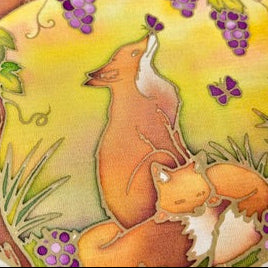 Watching Over You batik craft kit displayed with finished fox and cub design in 20cm wooden ring