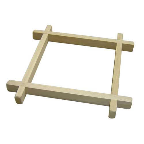 A square wooden batik frame, 30cm, used to hold fabric taut during batik wax application and silk painting