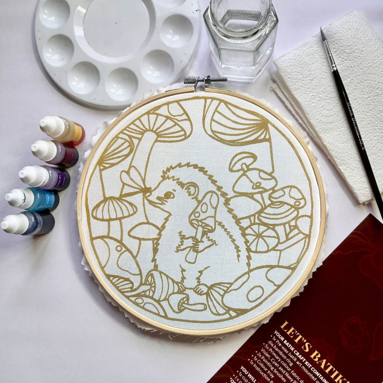 Down the Mushroom Hole pre-waxed batik design on cotton, hedgehog and toadstool artwork ready to paint