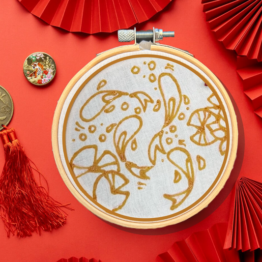 Lucky Koi mini batik craft kit displayed with completed hand-painted design in 10cm wooden ring