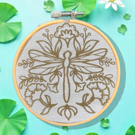Dragonfly Dreams mini batik craft kit displayed with completed hand-painted design in 10cm wooden ring