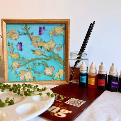 Batik Lamp Kit — Almond Blossom. Hand-waxed batik cotton panel featuring blossom branches and purple beetles on a teal background, inspired by Van Gogh. By Batik Ying.