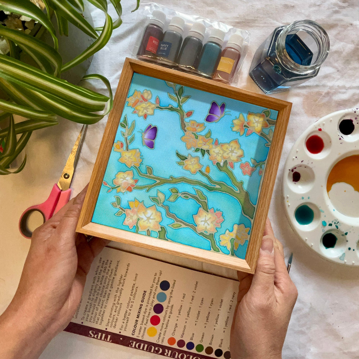 Batik Lamp Kit — Almond Blossom. Hand-waxed batik cotton panel featuring blossom branches and purple beetles on a teal background, inspired by Van Gogh. By Batik Ying.