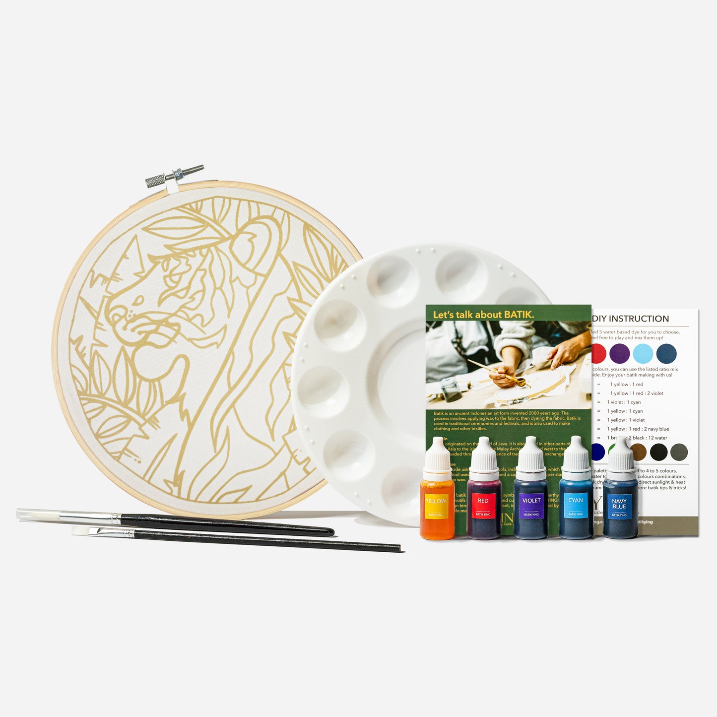 Batik Ying batik craft kit Malayan tiger with paint palette brushes colour dyes and instruction cards
