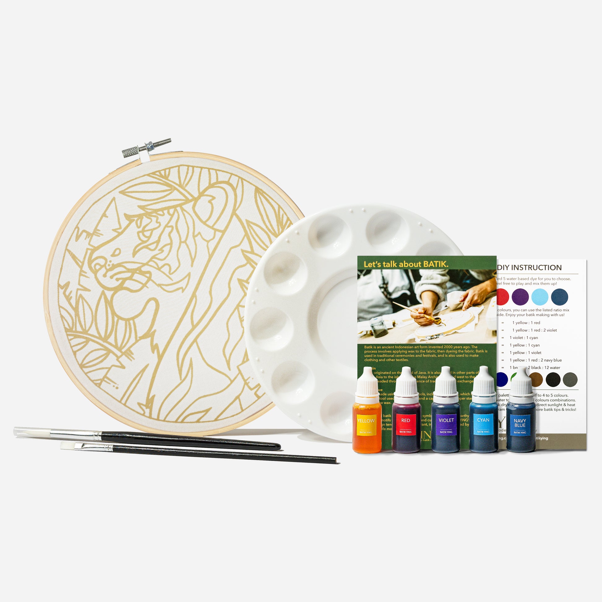Batik Ying batik craft kit Malayan tiger with paint palette brushes colour dyes and instruction cards