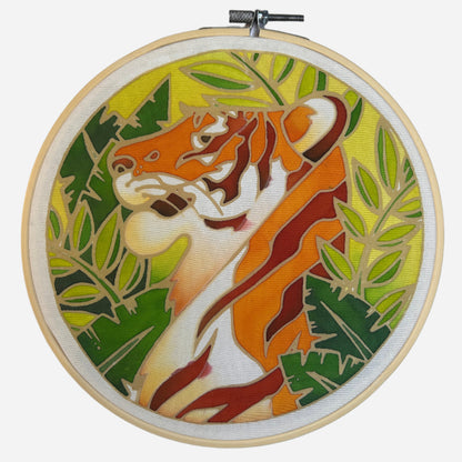 Batik Ying DIY batik craft kit Malayan tiger with vibrant tiger and green leaf design in wooden embroidery hoop