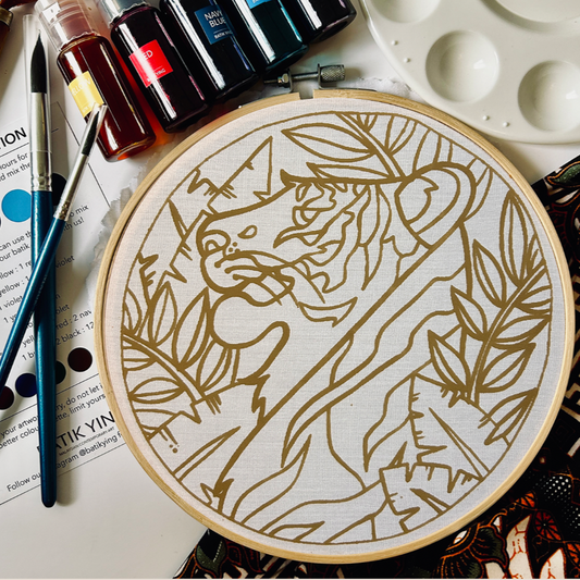 Batik Ying batik craft kit Malayan tiger with fabric, paint bottles, brushes, and wooden hoop for DIY art