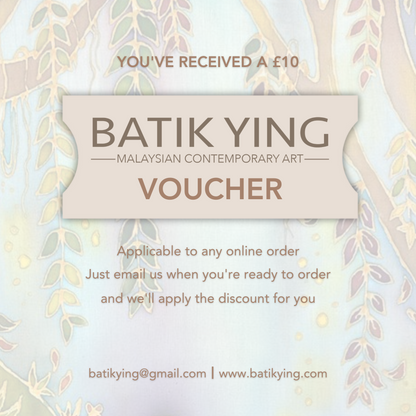 Batik Ying batik art gift voucher with a £10 value on a decorative background