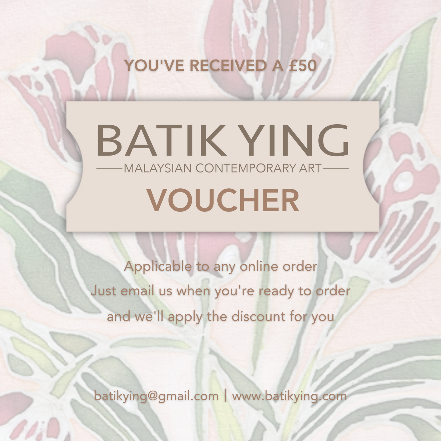 Batik Ying batik art gift voucher with floral background for Malaysian contemporary art online orders