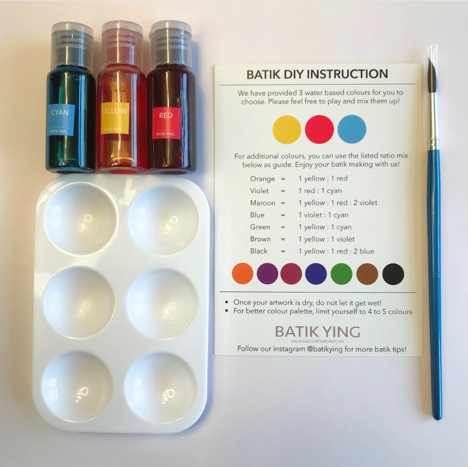Batik Ying DIY kit with mini batik snowflake ornament supplies including paints, mixing palette, brush, and instructions