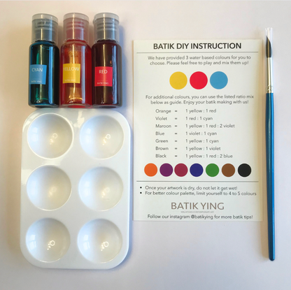 Batik Ying DIY kit with mini batik snowflake ornament supplies including paints, mixing palette, brush, and instructions