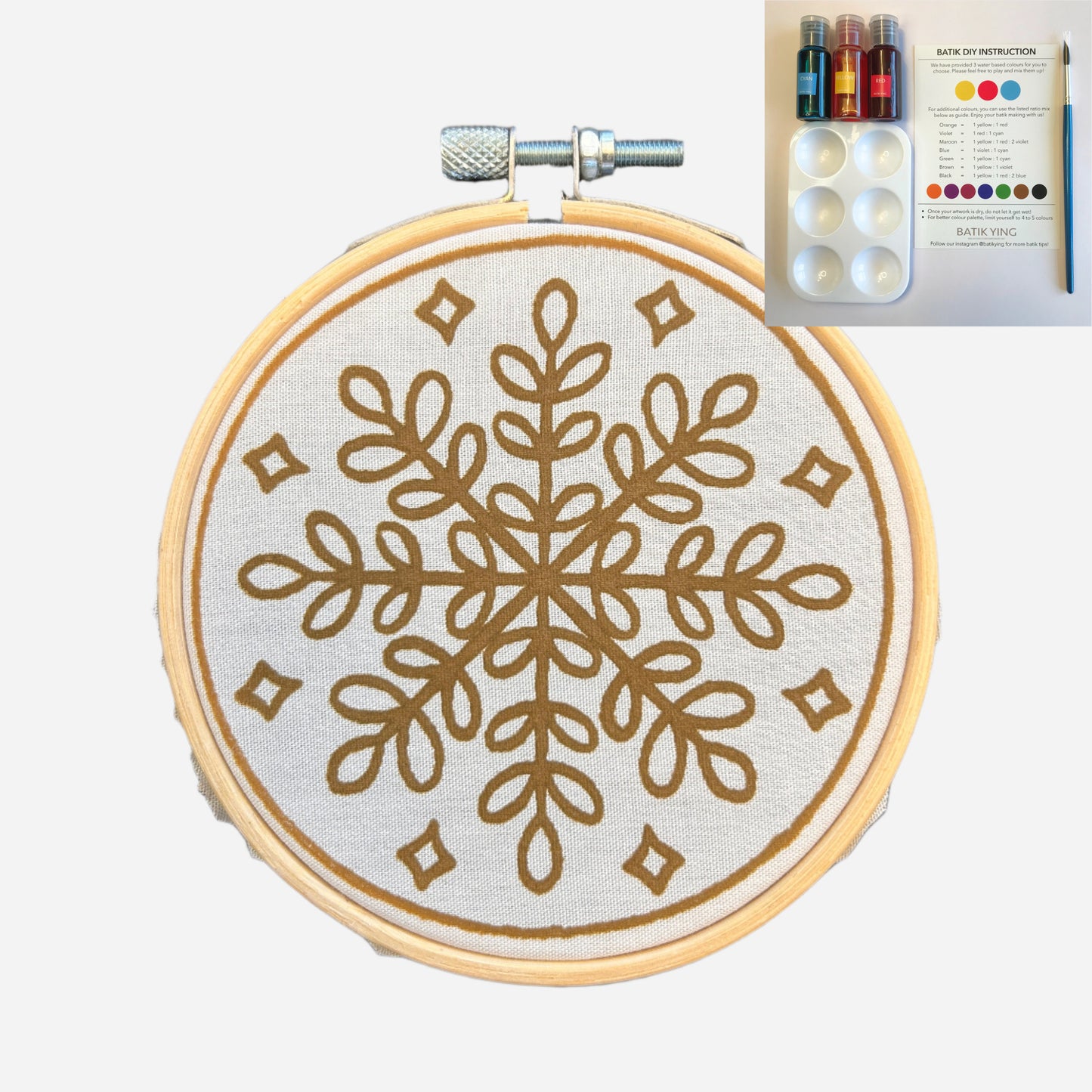 Batik Ying mini batik snowflake ornament DIY kit with paint bottles, brush, and embroidery hoop