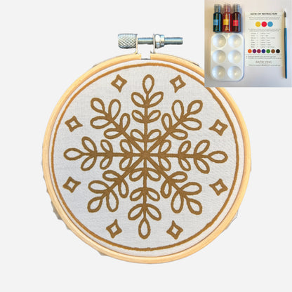 Batik Ying mini batik snowflake ornament DIY kit with paint bottles, brush, and embroidery hoop