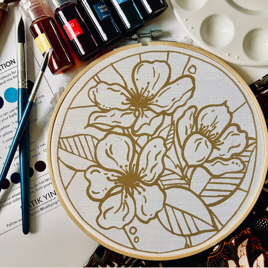 Classic batik craft kit by Batik Ying featuring flower design embroidery hoop with paints and brushes