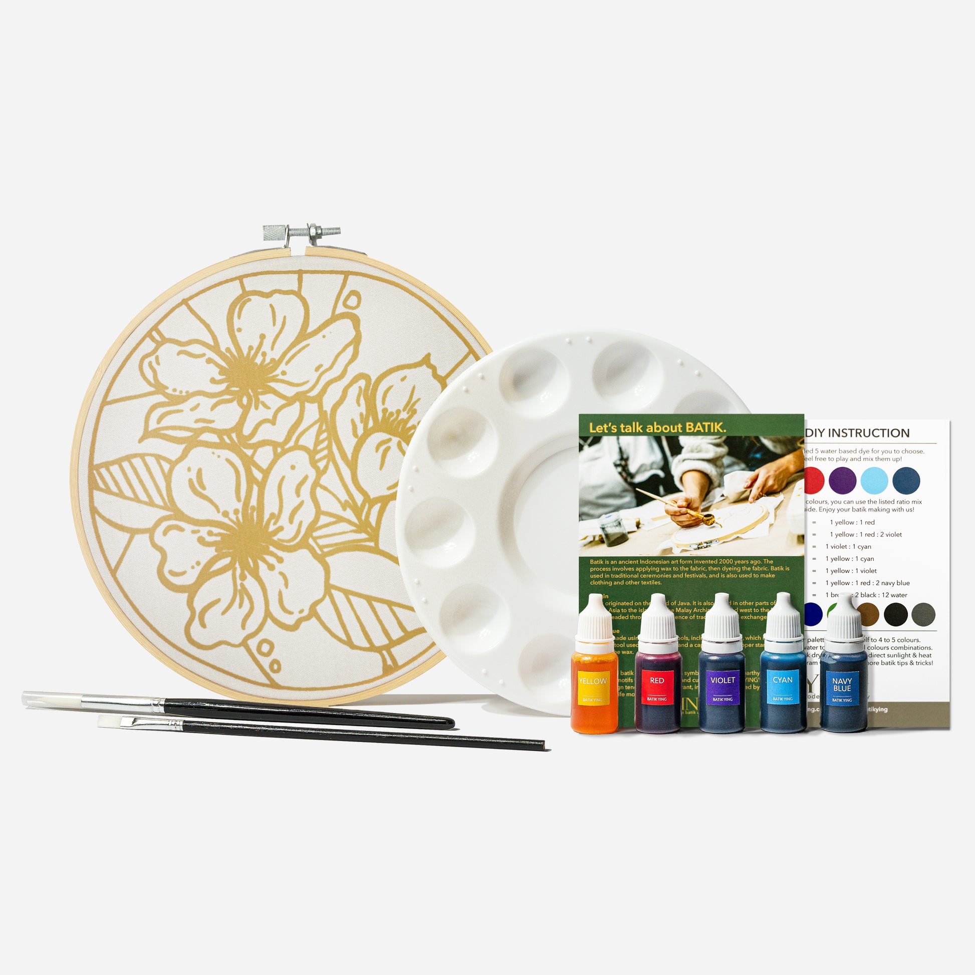 Classic batik craft kit by Batik Ying including fabric hoop, paints, brushes, palette and instructions