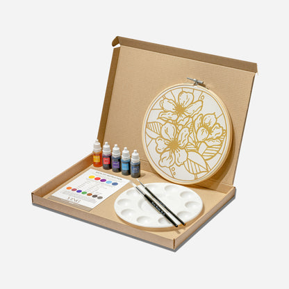 Batik Ying classic batik craft kit with floral design canvas, paints, brushes, and palette in a cardboard box