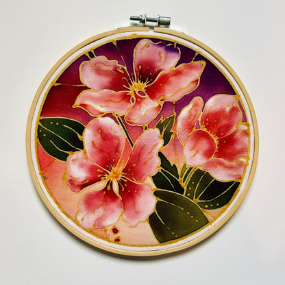 Classic batik craft kit by Batik Ying featuring floral design in pink and green on wooden hoop