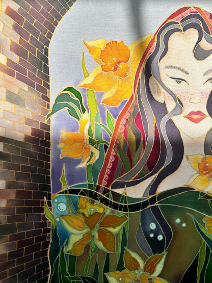 Original Batik Ying contemporary batik art print featuring a woman with flowers and flowing hair on fabric