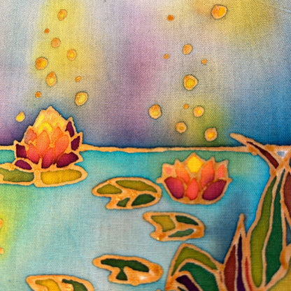 Original Batik Ying contemporary batik art print featuring lotus flowers and lily pads in vibrant colours