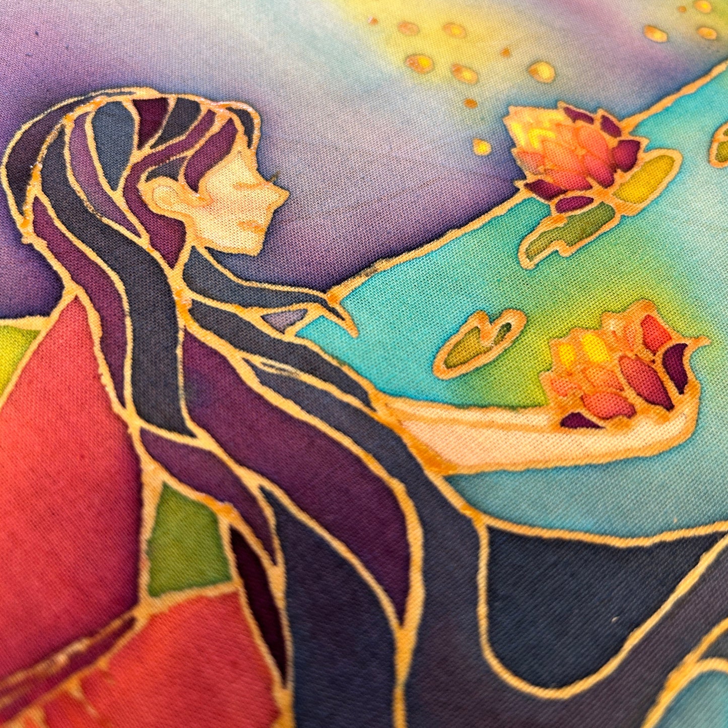 Original Batik Ying contemporary batik art print featuring a stylised figure with vibrant colours and floral elements