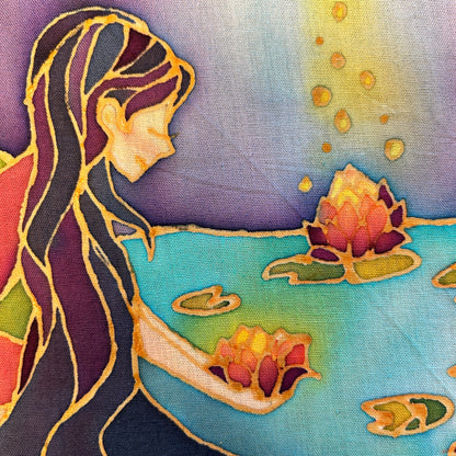 Original Batik Ying contemporary batik art print showing a woman holding a glowing lotus flower by the water