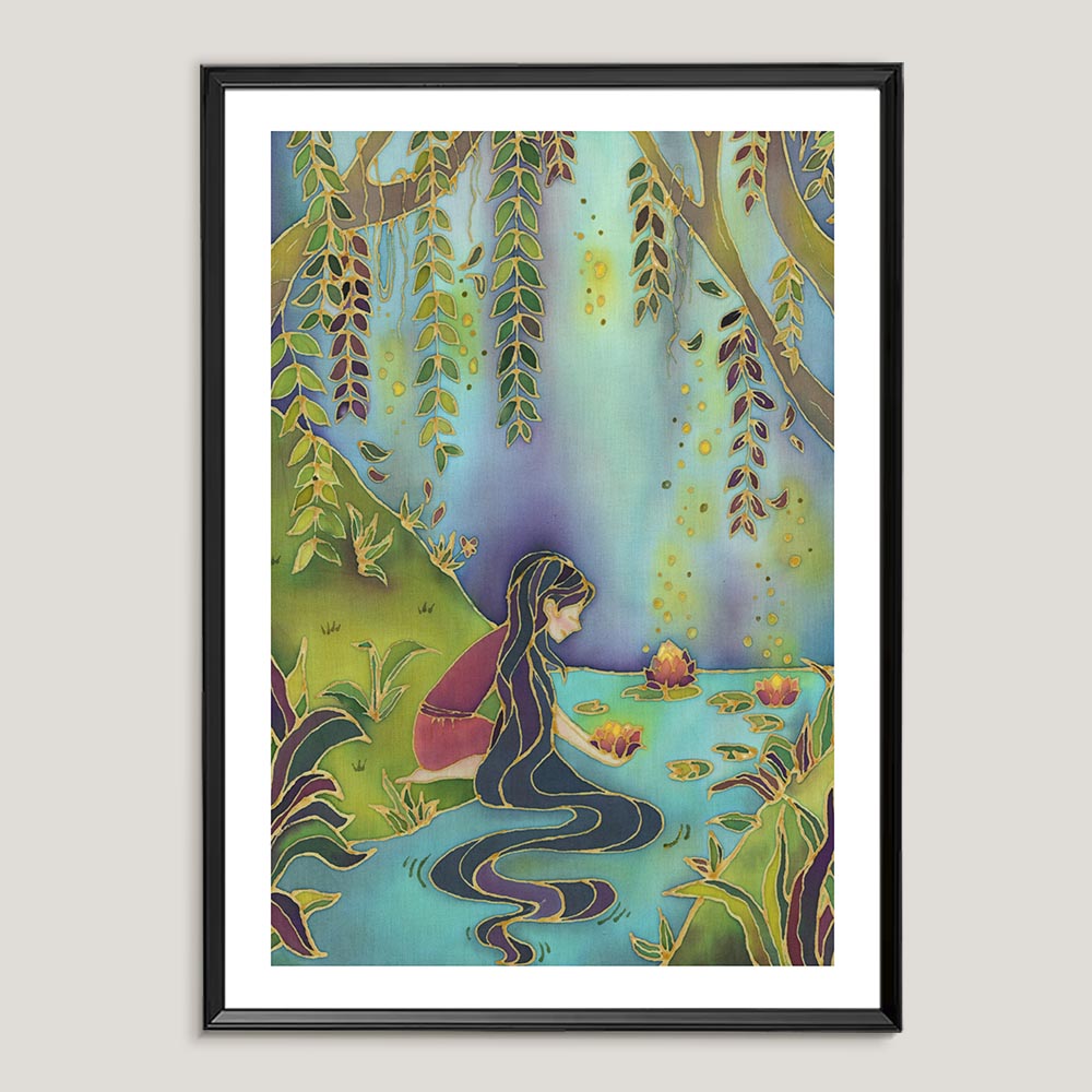 Original contemporary batik art print featuring a woman by a river surrounded by hanging leaves and plants