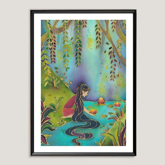 Original contemporary batik art print featuring a woman by a river surrounded by hanging leaves and plants