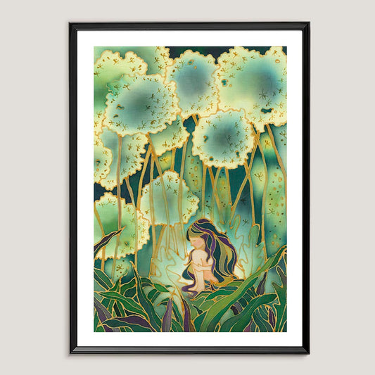 Contemporary batik art print by Batik Ying showing a girl sitting among large green plants and glowing trees