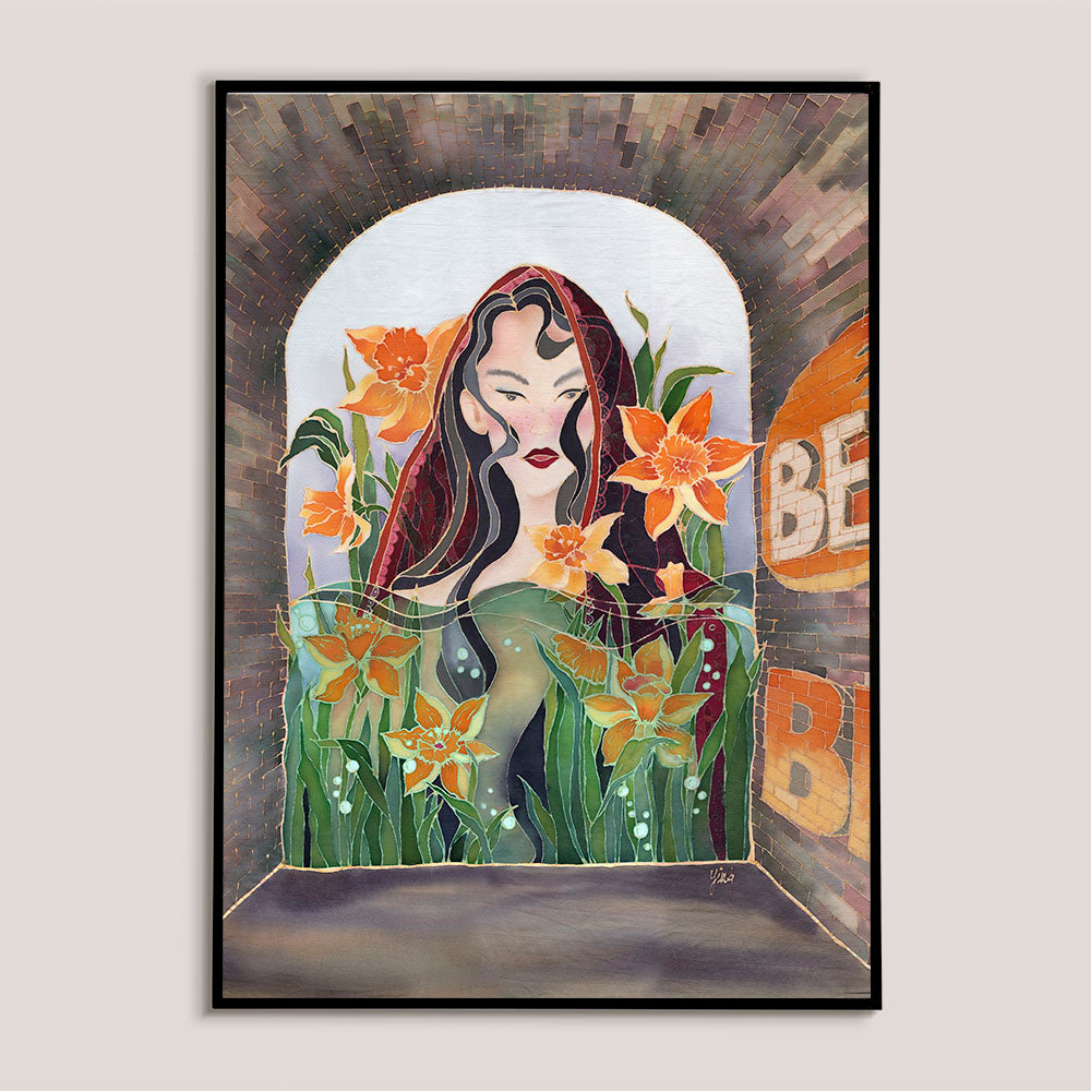 Contemporary batik art print of a woman surrounded by orange flowers in an archway by Batik Ying