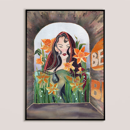 Contemporary batik art print of a woman surrounded by orange flowers in an archway by Batik Ying