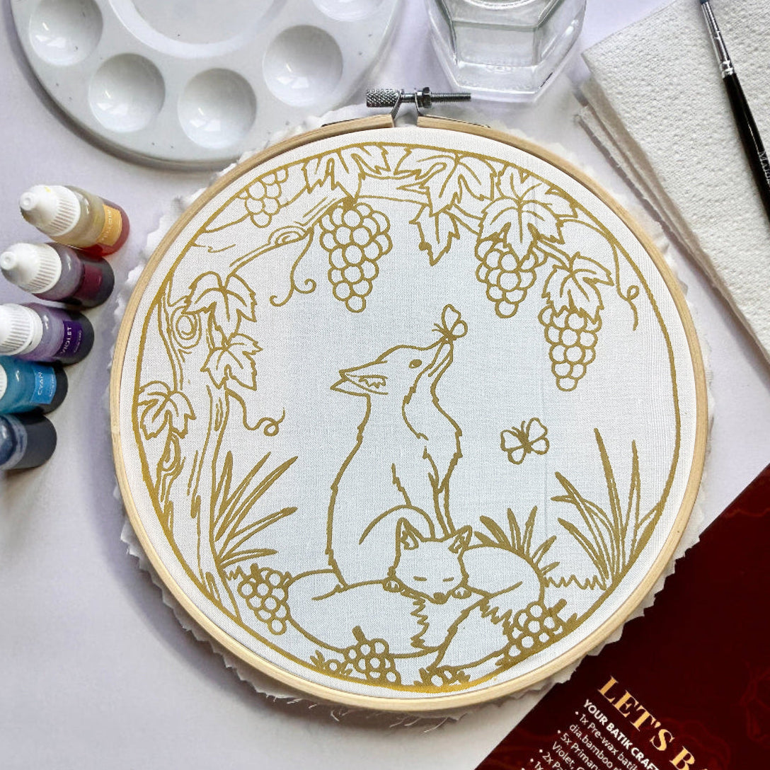 Watching Over You pre-waxed batik design on cotton, fox and cub artwork ready to paint
