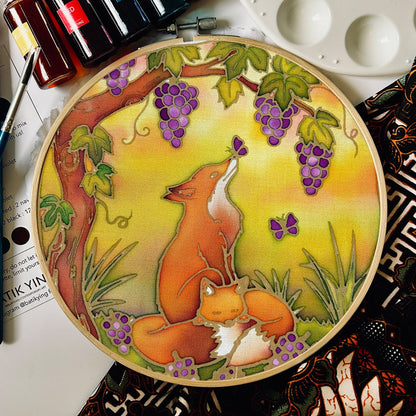 Watching Over You batik craft kit by Batik Ying – finished hand-painted fox and cub design in wooden ring