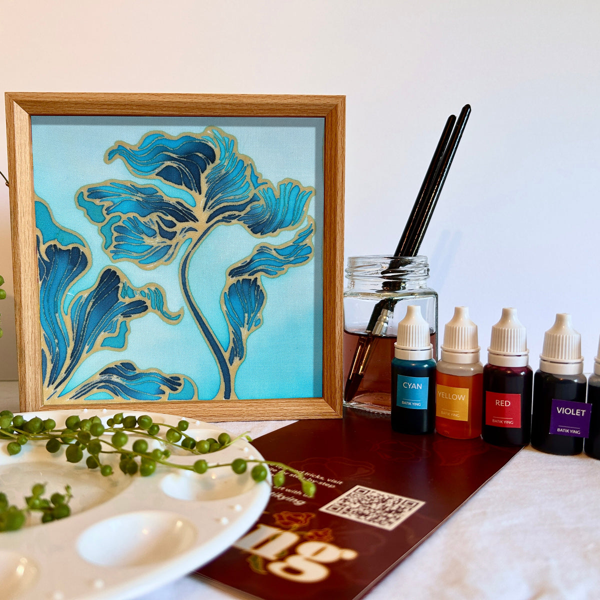 Batik Lamp Kit — Seasons in Colour. Hand-waxed batik cotton panel featuring sweeping botanical foliage in turquoise and navy with gold wax outlines. By Batik Ying.
